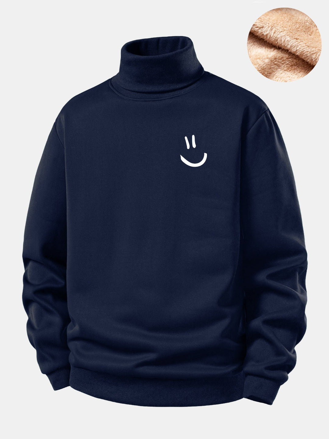 Smiley Face Print Teddy Fleece Lined Turtle Neck Sweatshirt