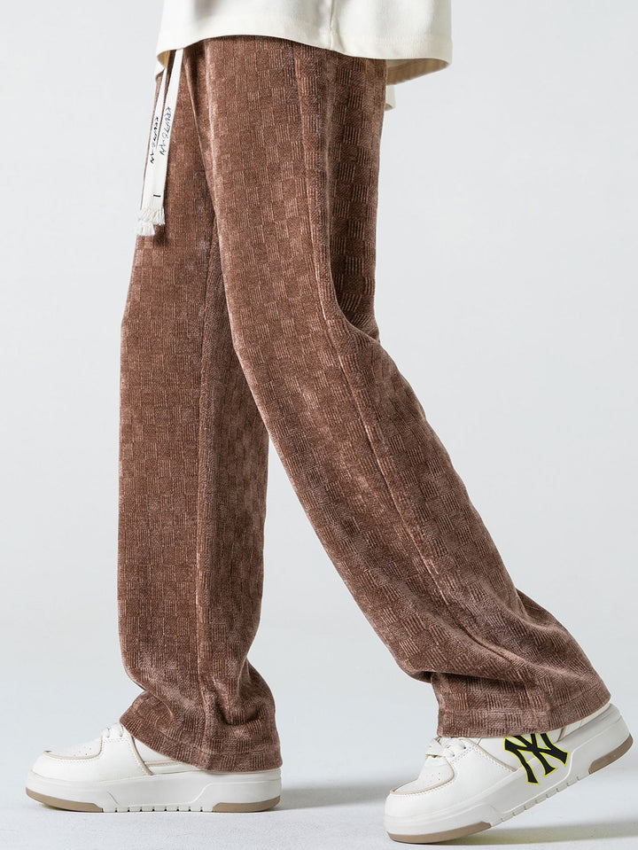 Calças de perna reta texturizadas em padrão xadrez