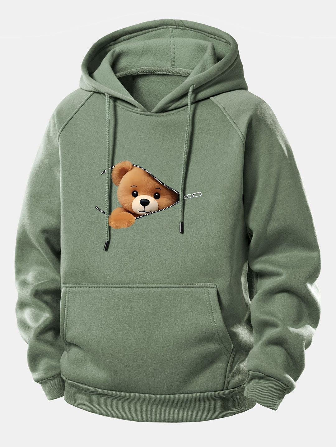 Zipper Bear Print Drawstring Hoodie