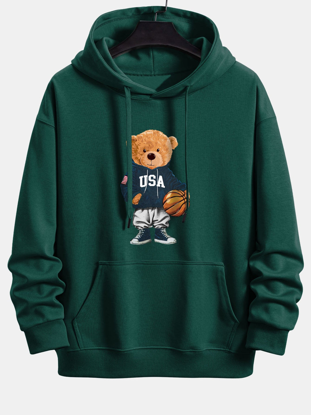 Basketball Bear Print Relax Fit Drawstring Hoodie