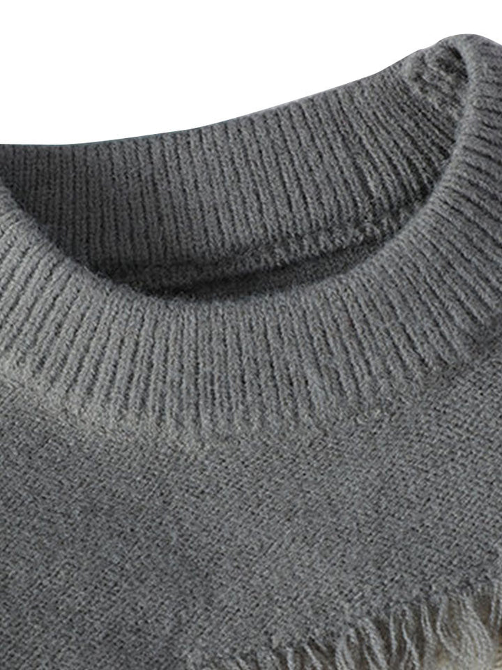 Color Block Fringe Patchwork Crew Neck Sweater