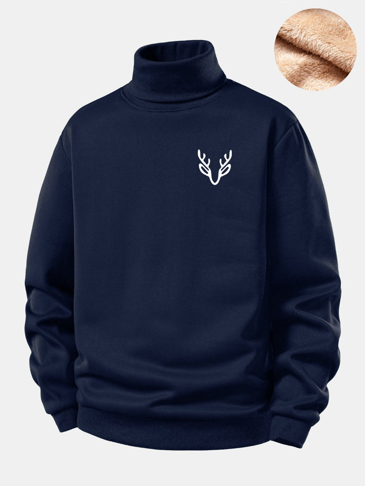 Head Deer Print Teddy Fleece Lined Turtle Neck Sweatshirt