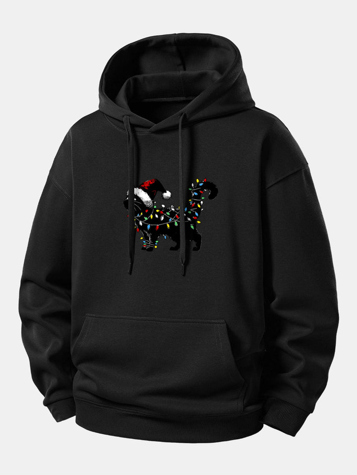 Christmas Colorful Light Black Cat Print Relax Fit Hoodie