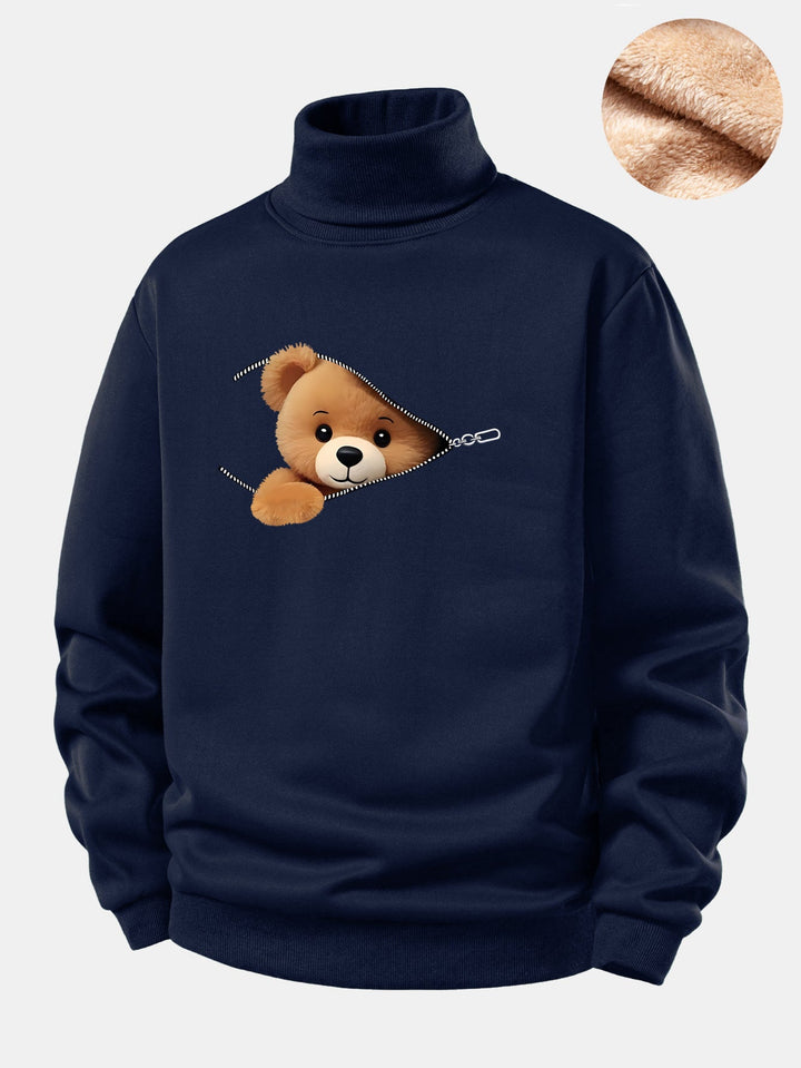 Zipper Bear Print Teddy Fleece Lined Turtle Neck Sweatshirt
