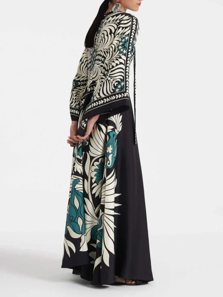 Elegance Floral Print Waterfall Sleeves Maxi Dress