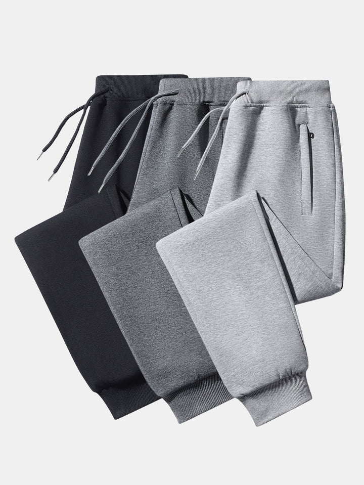 3 Pieces Solid Zipper Pocket Cotton Jogger Pants
