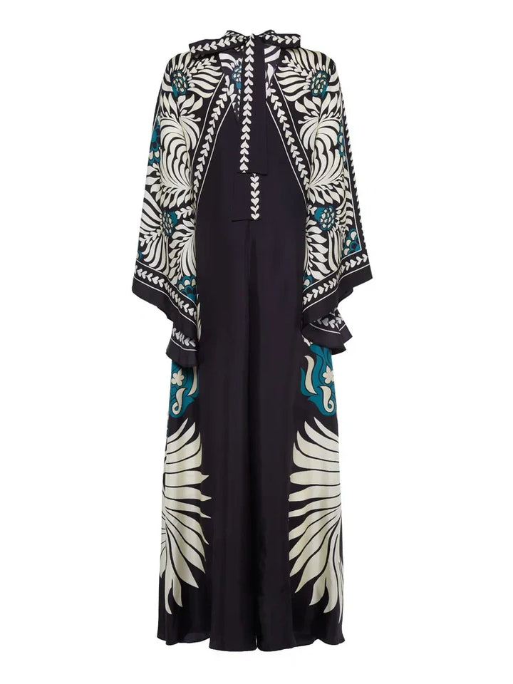 Elegance Floral Print Waterfall Sleeves Maxi Dress