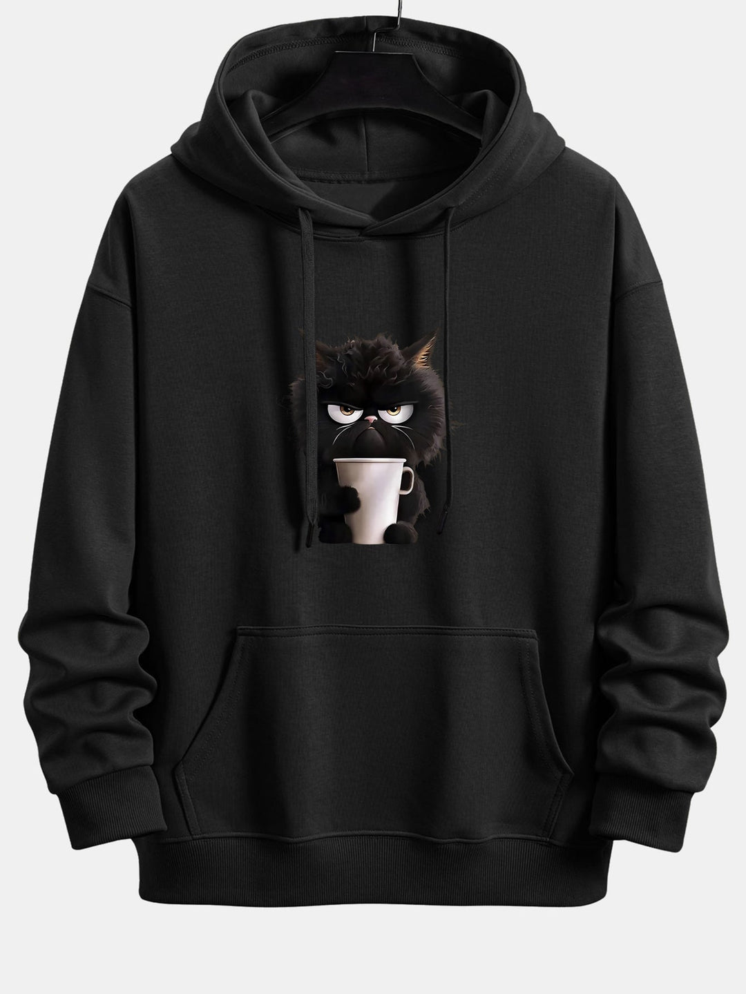 Black Cat Drinking Coffee Print Relax Fit Hoodie