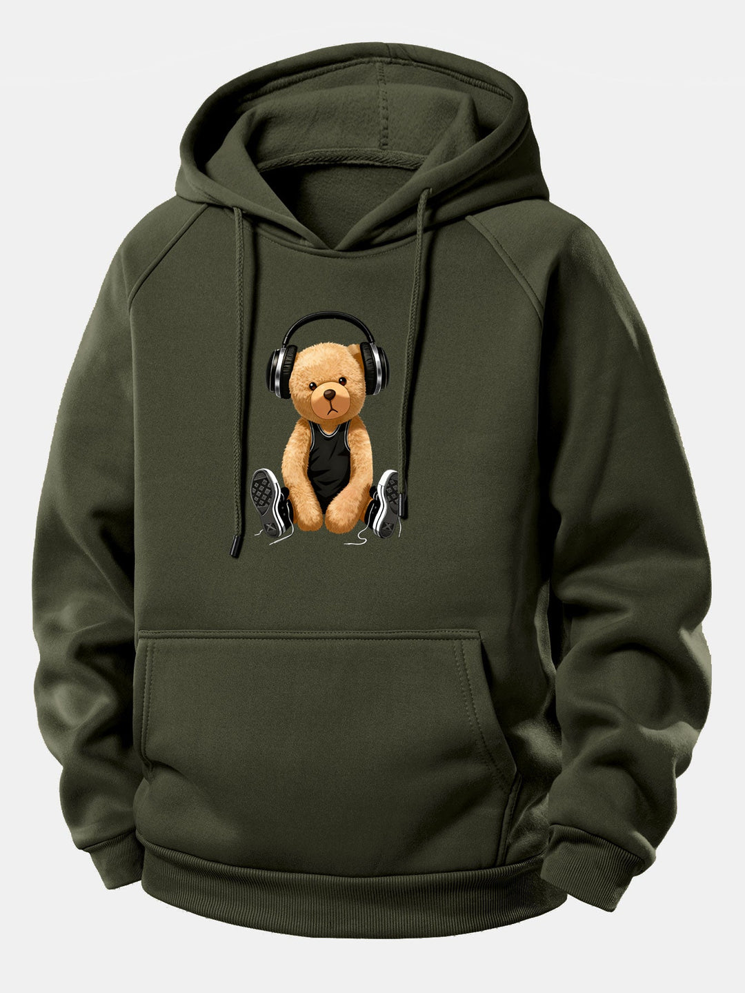 Headphone Bear Print Drawstring Hoodie