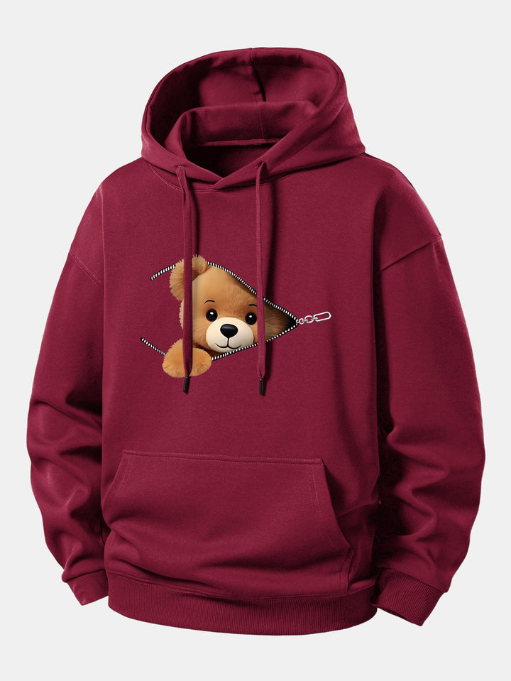 Zipper Bear Print Relax Fit Hoodie