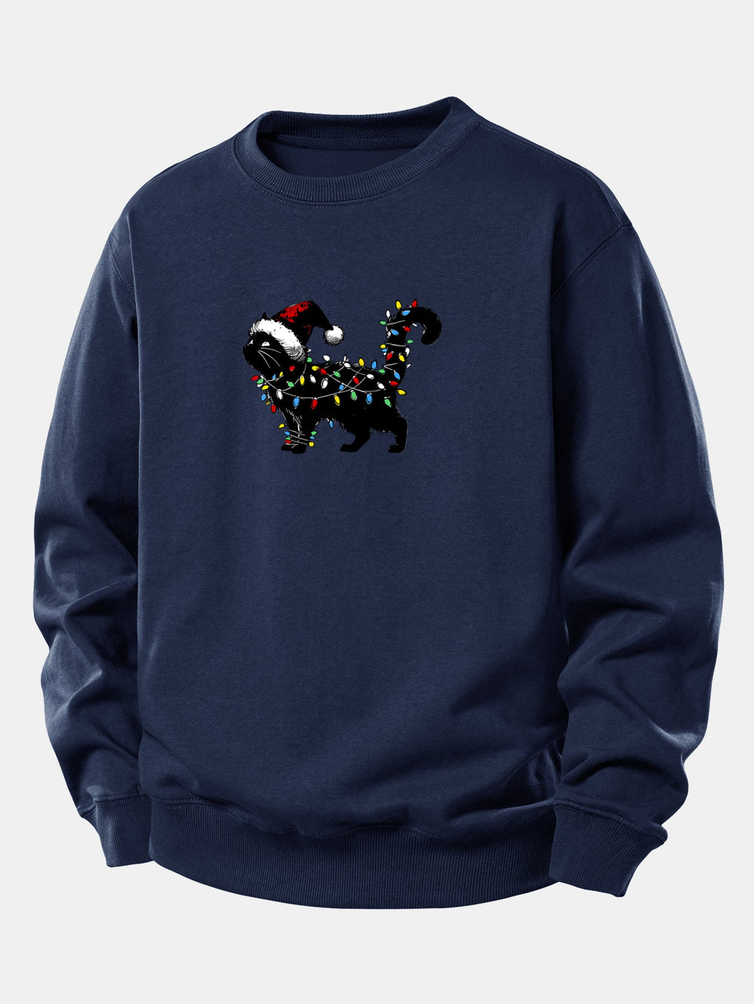 Christmas Colorful Light Black Cat Print Relax Fit Sweatshirt