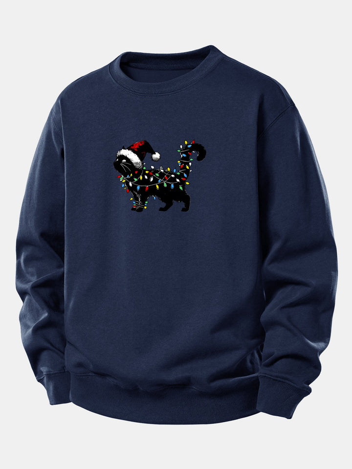Christmas Colorful Light Black Cat Print Relax Fit Sweatshirt