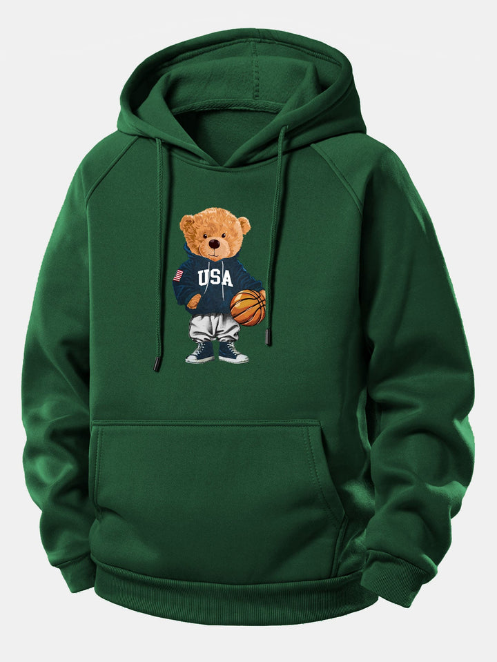Basketball Bear Print Drawstring Hoodie
