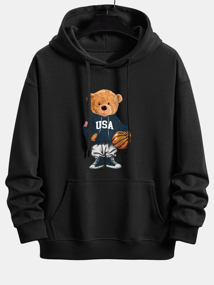 Basketball Bear Print Relax Fit Drawstring Hoodie