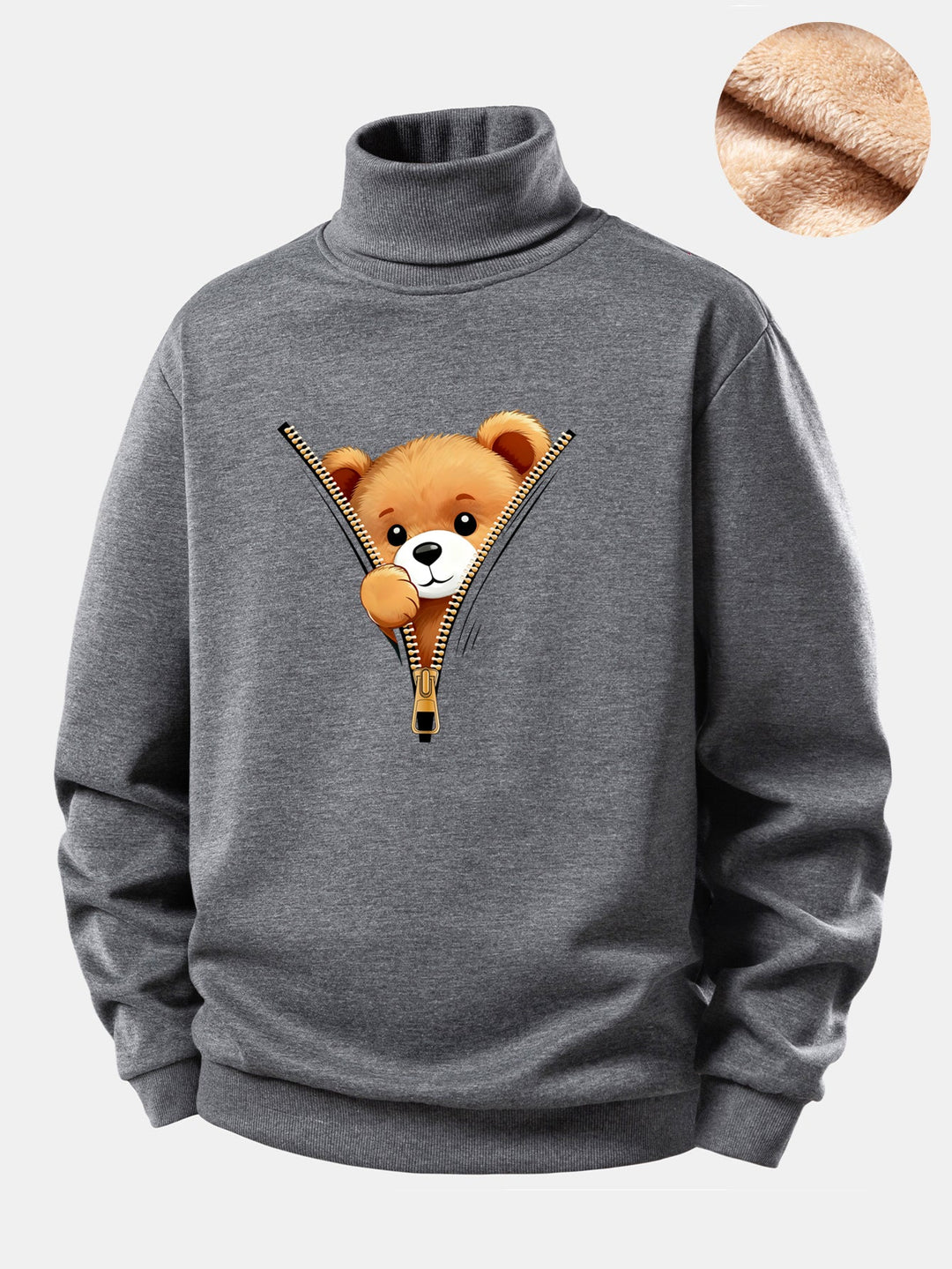 Zipper Bear Print Teddy Fleece Lined Turtle Neck Sweatshirt