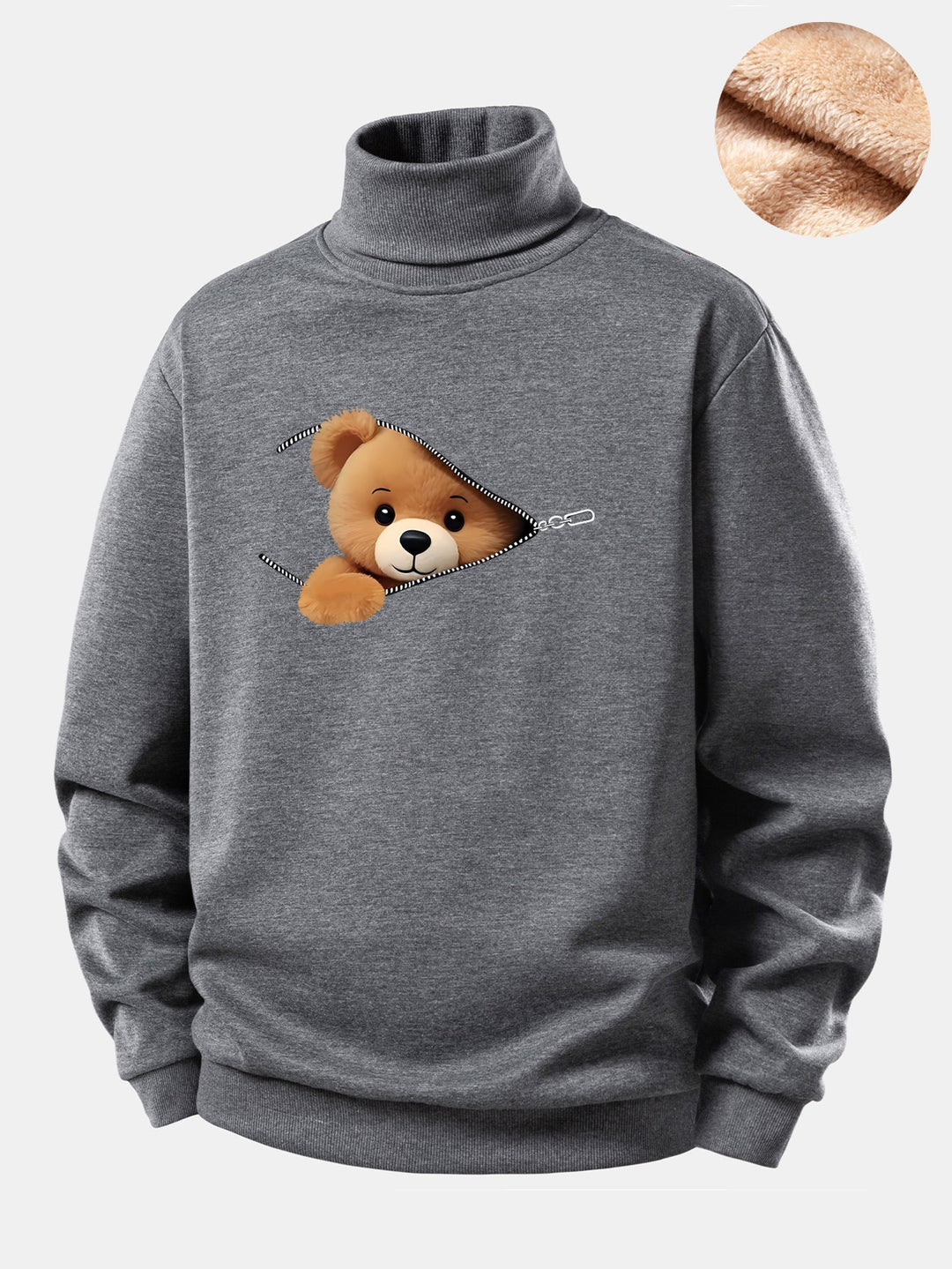 Zipper Bear Print Teddy Fleece Lined Turtle Neck Sweatshirt