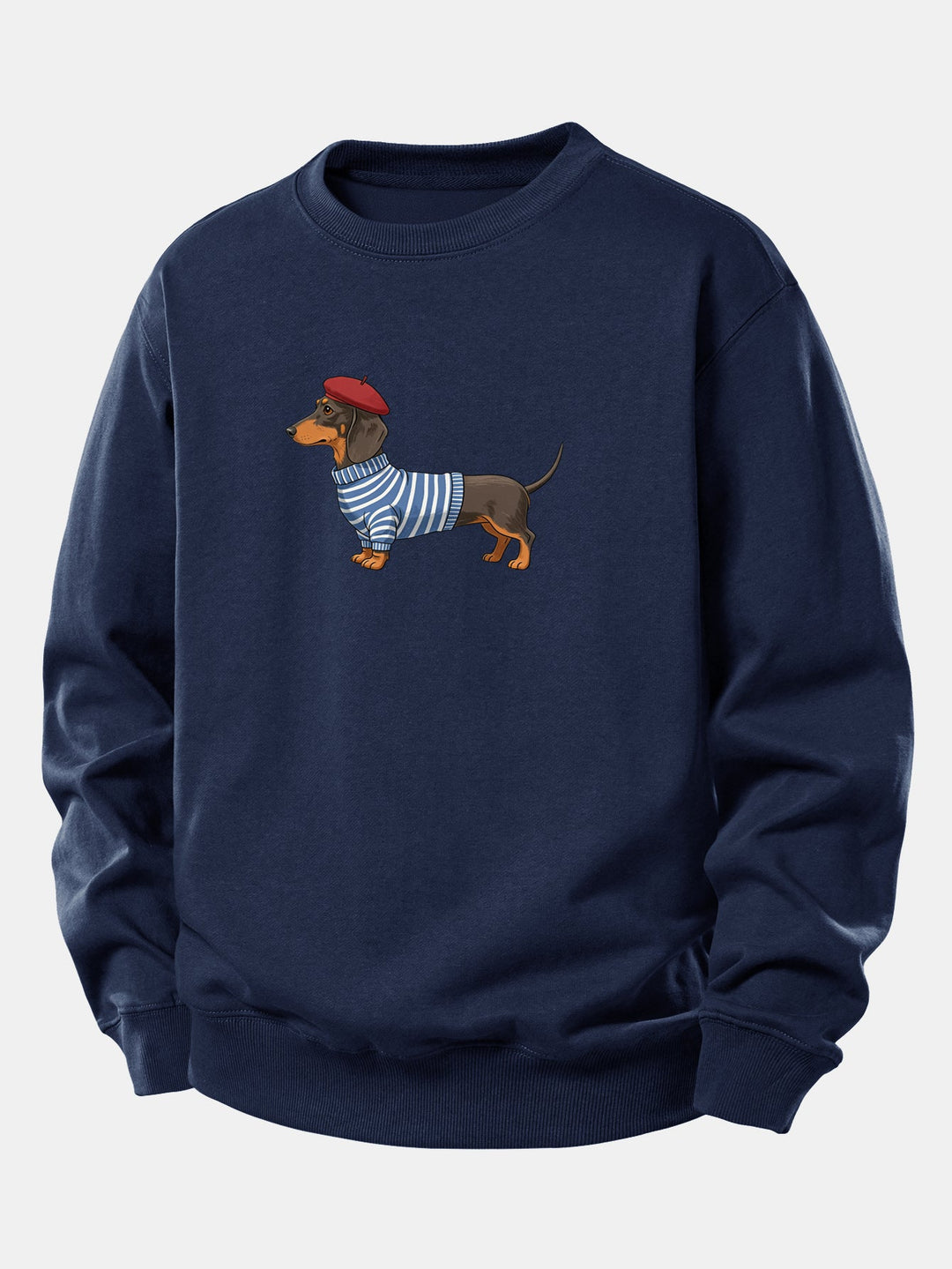 Dachshund Wearing Striped Sweater Print Relax Fit Sweatshirt