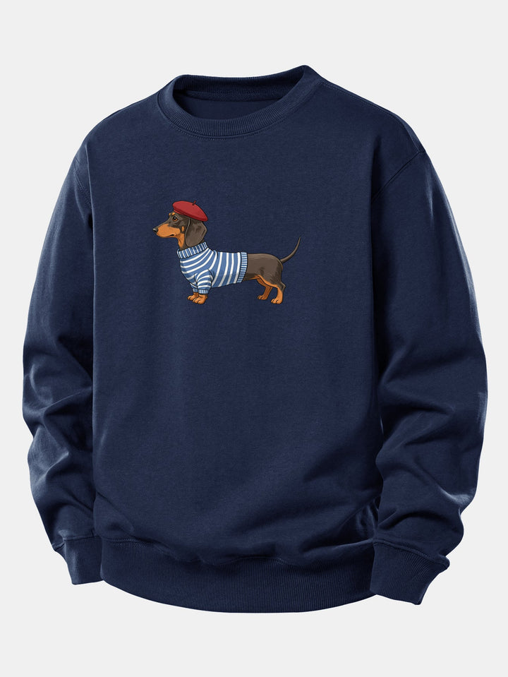 Dachshund Wearing Striped Sweater Print Relax Fit Sweatshirt