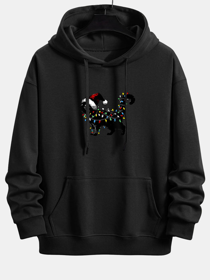 Christmas Colorful Light Black Cat Print Relax Fit Hoodie