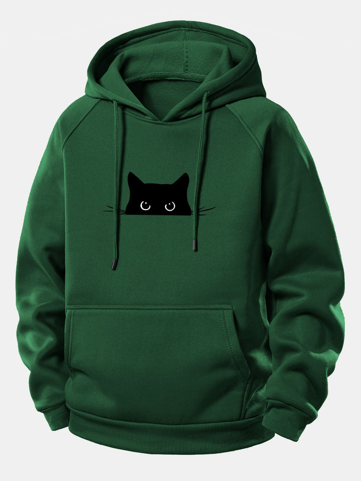 Black Cat Print Drawstring Hoodie