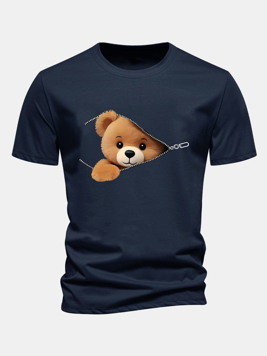 Regular Fit Zipper Bear Print Cotton T-Shirt