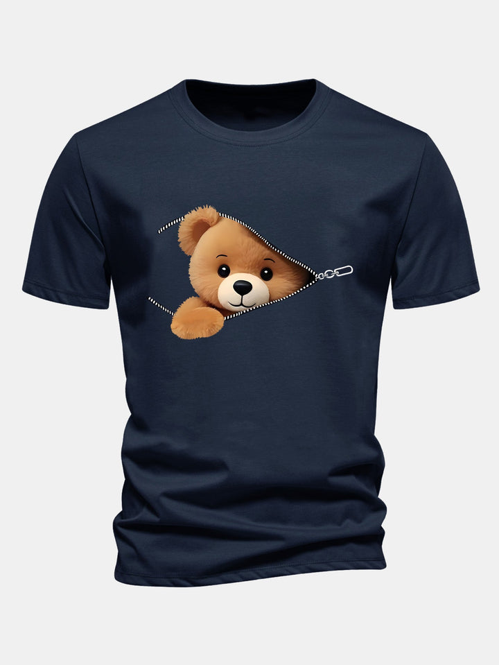 Regular Fit Zipper Bear Print Cotton T-Shirt