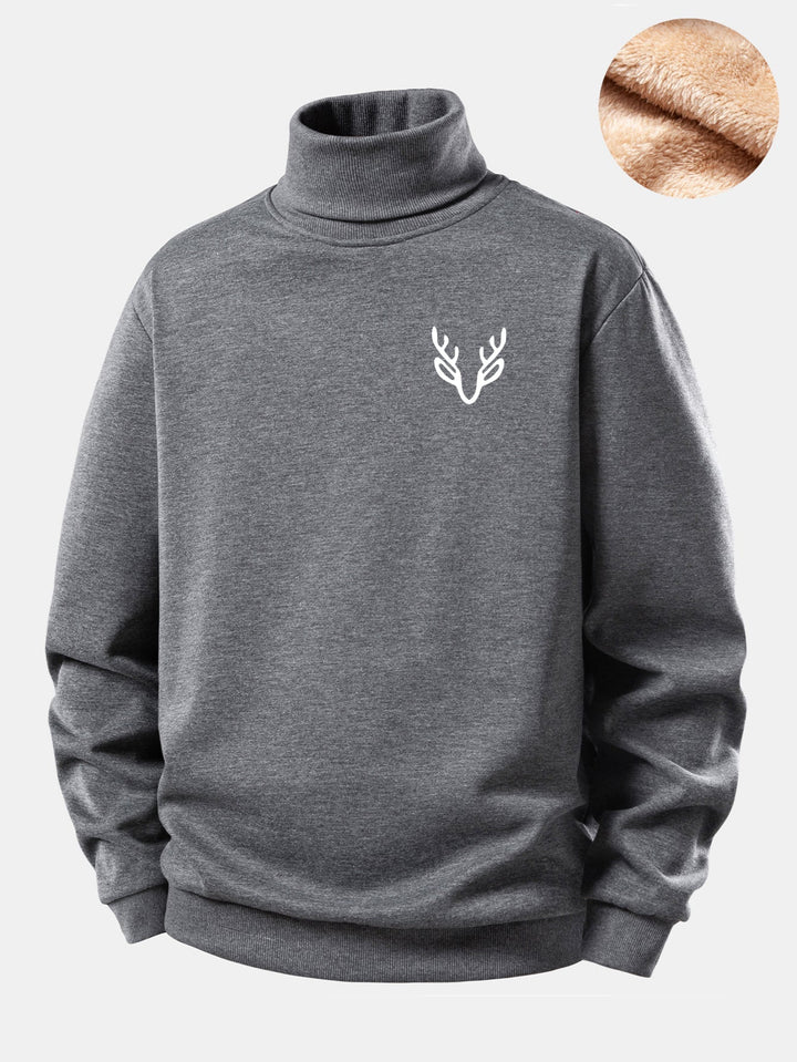 Head Deer Print Teddy Fleece Lined Turtle Neck Sweatshirt