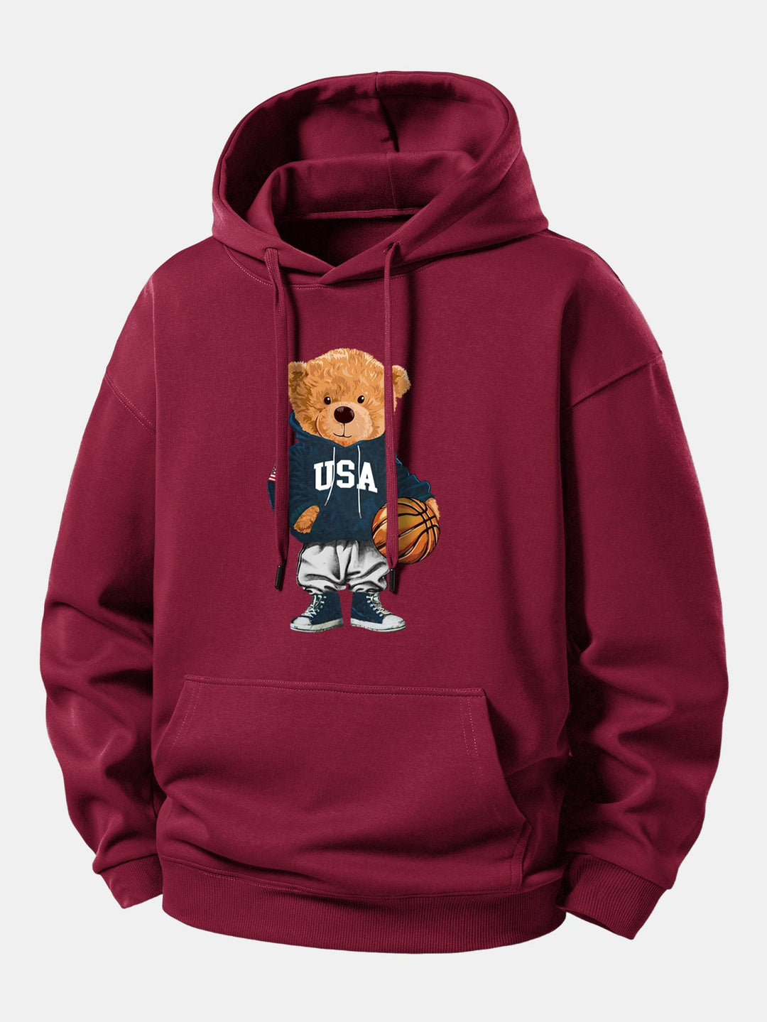 Basketball Bear Print Relax Fit Drawstring Hoodie