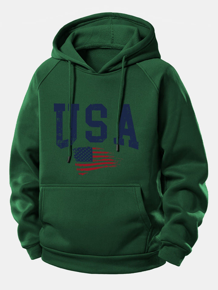 USA Flag Print Drawstring Hoodie