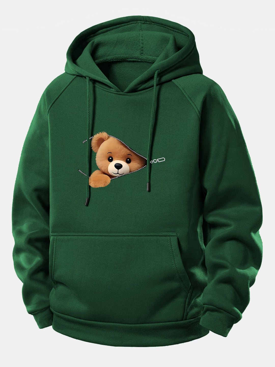Zipper Bear Print Drawstring Hoodie