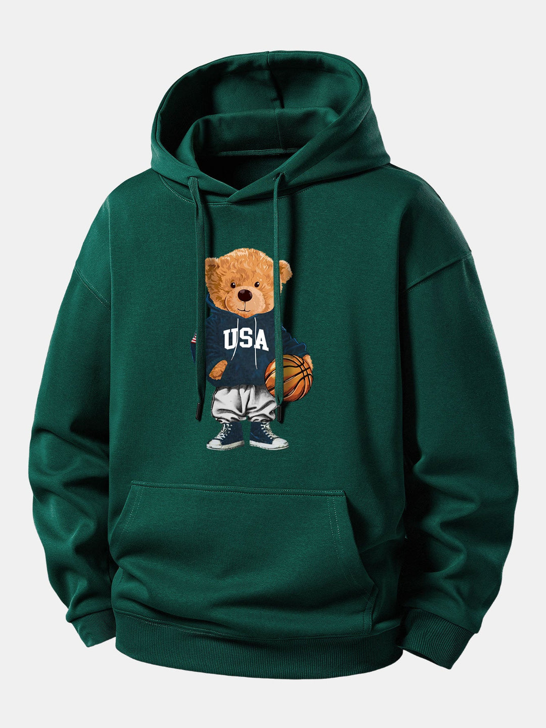 Basketball Bear Print Relax Fit Drawstring Hoodie