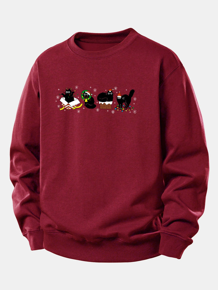 Christmas Black Cat Print Relax Fit Sweatshirt