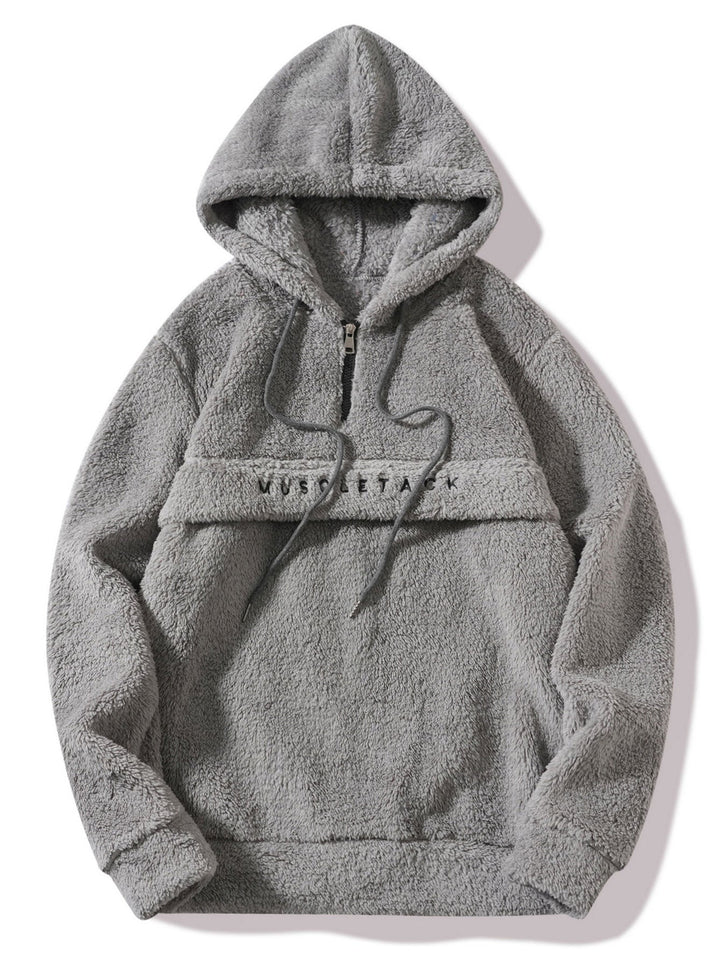Letter Embroidery Teddy Half-Zip Hoodie