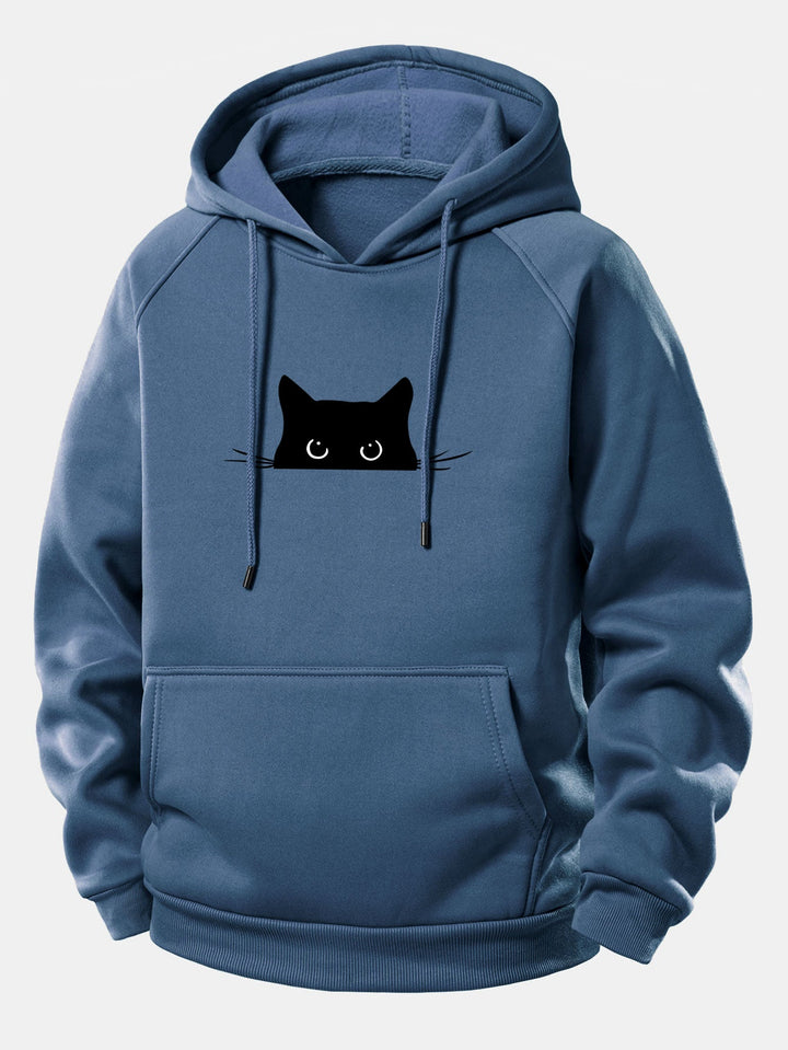Black Cat Print Drawstring Hoodie