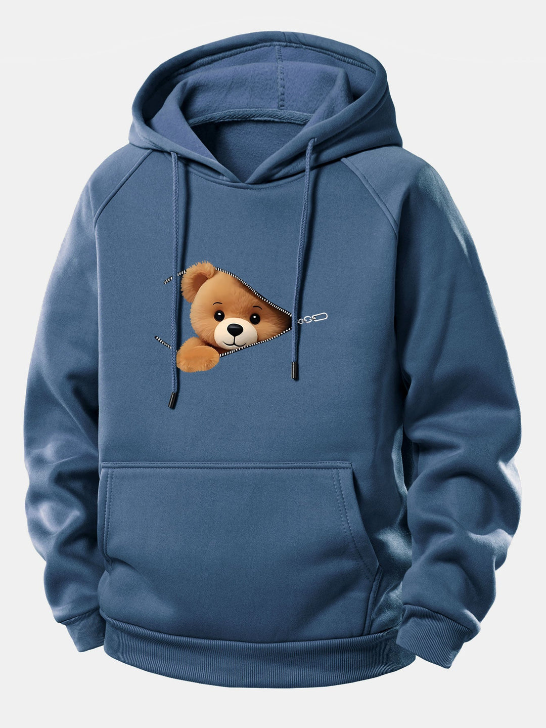Zipper Bear Print Drawstring Hoodie
