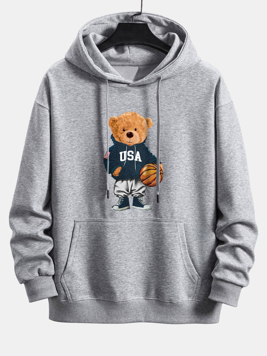 Basketball Bear Print Relax Fit Drawstring Hoodie