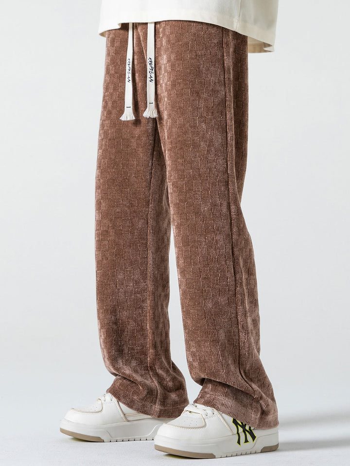 Calças de perna reta texturizadas em padrão xadrez