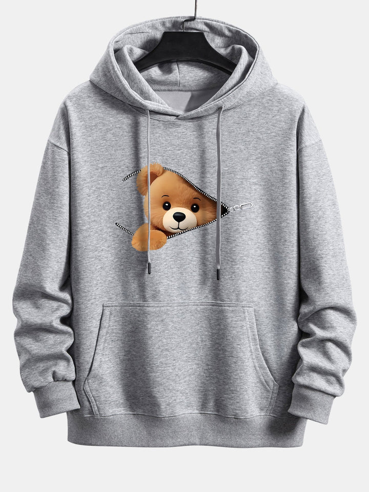 Zipper Bear Print Relax Fit Hoodie