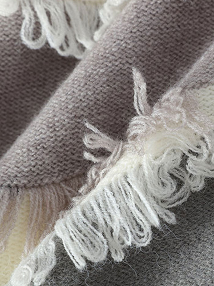 Color Block Fringe Patchwork Crew Neck Sweater