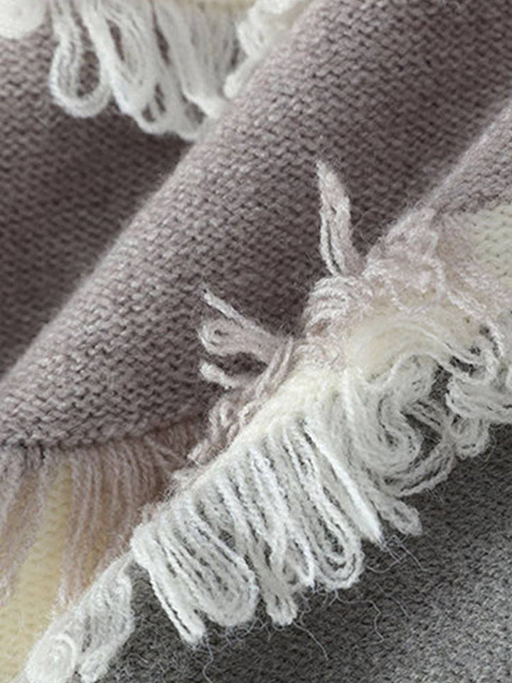 Color Block Fringe Patchwork Crew Neck Sweater