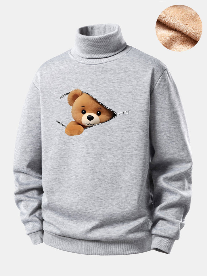 Zipper Bear Print Teddy Fleece Lined Turtle Neck Sweatshirt