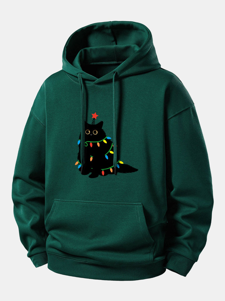 Colorful Light Black Cat Print Relax Fit Hoodie