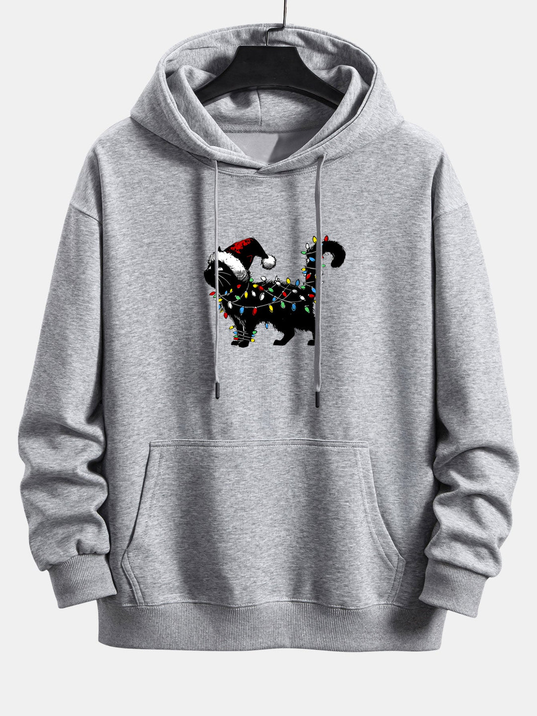 Christmas Colorful Light Black Cat Print Relax Fit Hoodie