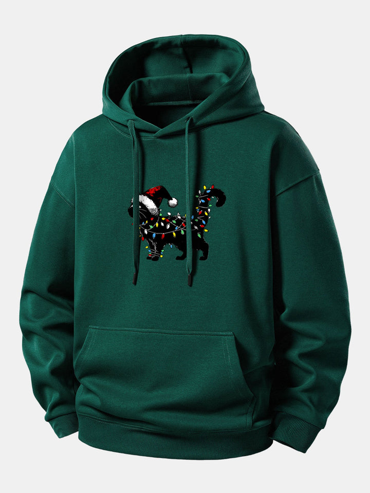 Christmas Colorful Light Black Cat Print Relax Fit Hoodie