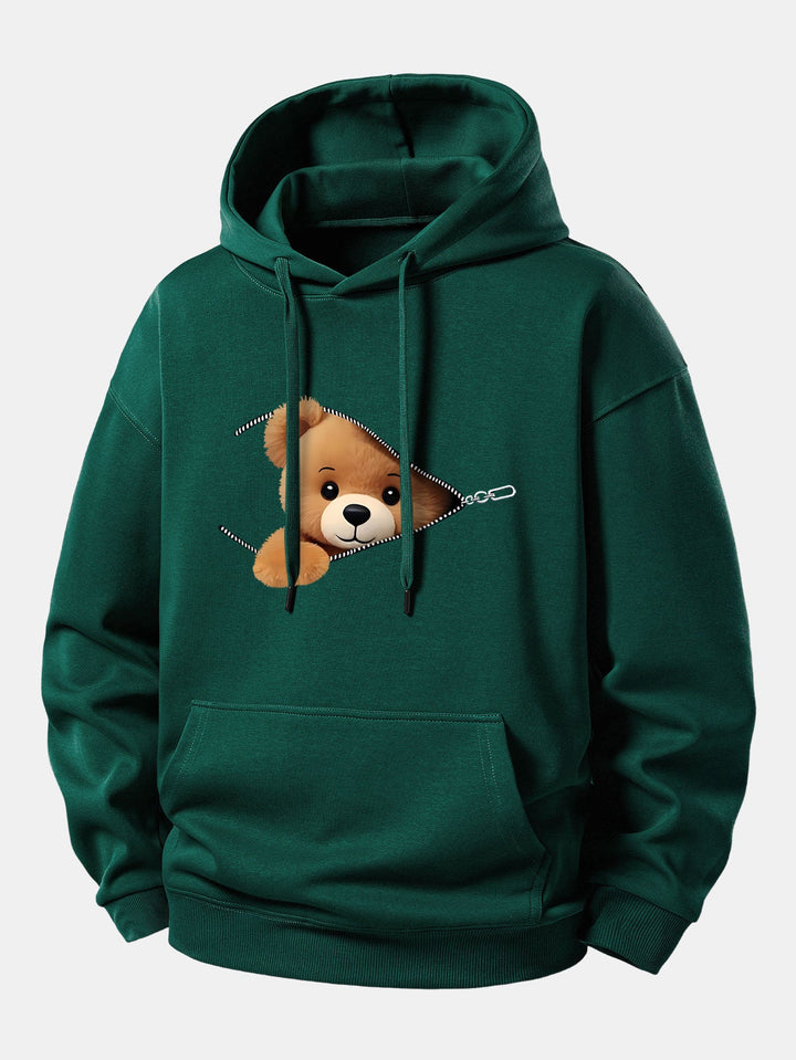 Zipper Bear Print Relax Fit Hoodie