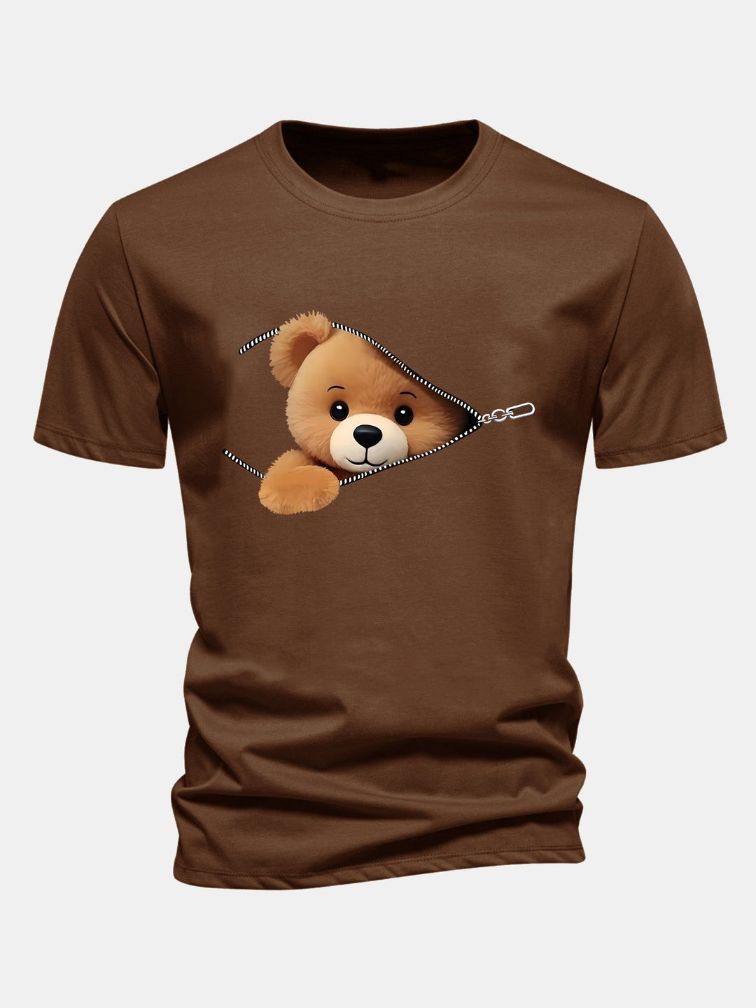 Regular Fit Zipper Bear Print Cotton T-Shirt