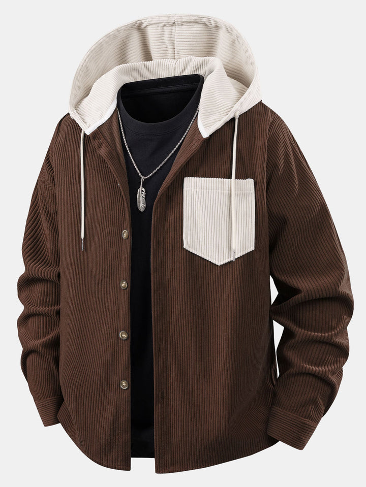 Long Sleeved Contrast Corduroy Hooded Shirt