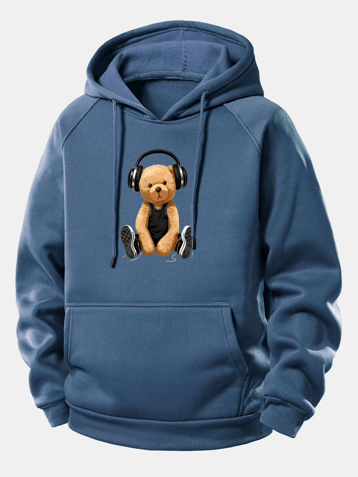Headphone Bear Print Drawstring Hoodie