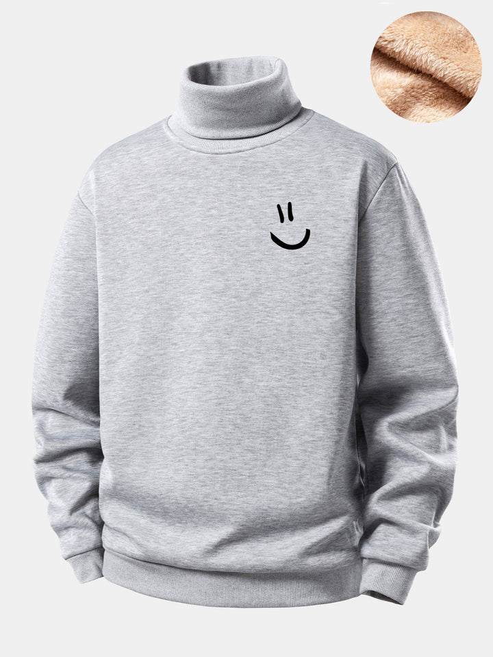 Smiley Face Print Teddy Fleece Lined Turtle Neck Sweatshirt