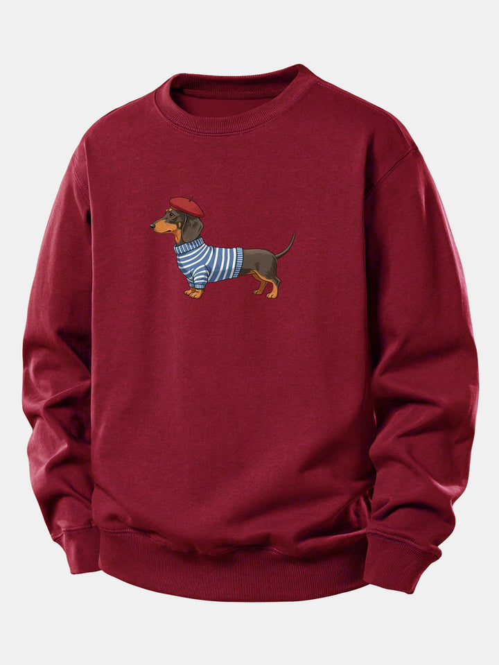 Dachshund Wearing Striped Sweater Print Relax Fit Sweatshirt
